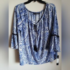 NWT Unique spectrum blue and white black blouse tassle tie 1X